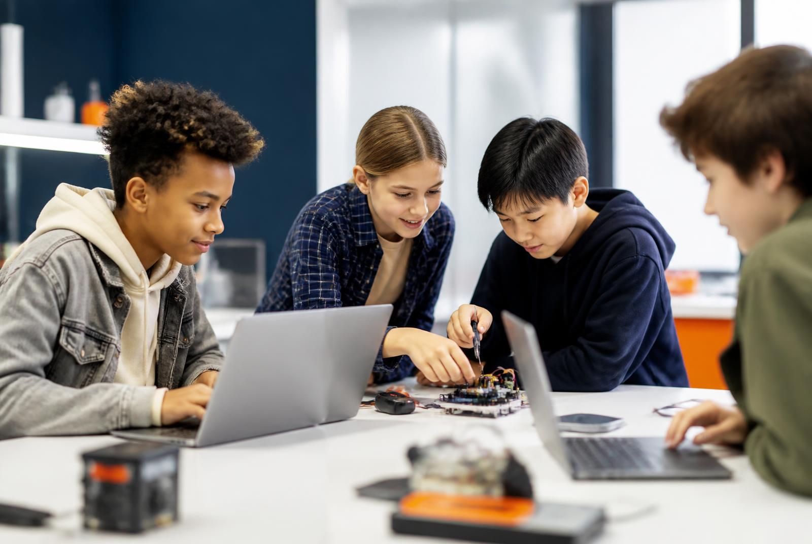 A team of young people working on laptops and an electronics kit