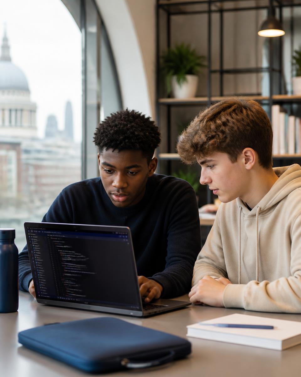 Two young men reviewing code on a laptop