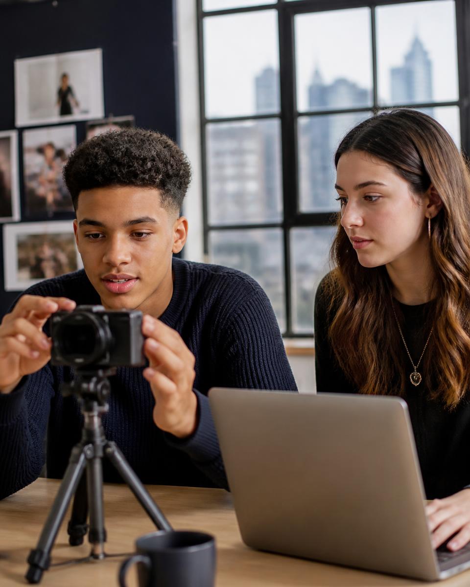 Two young adults setting up a camera to film content
